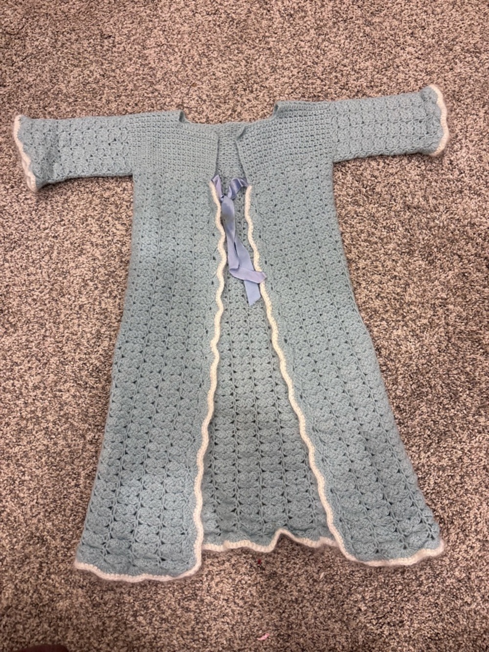 Vintage Handmade Light Blue Crochet Cardigan with White Trim